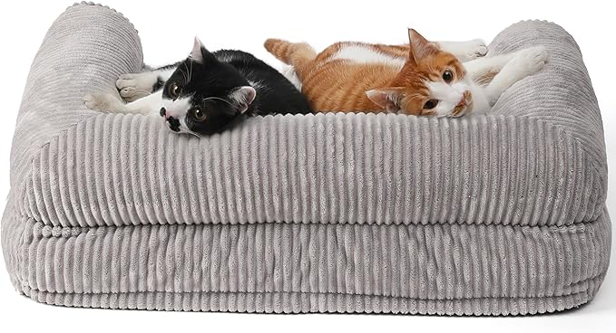 FUKUMARU Dog Couch Bed, Corduroy Cozy Cat Bed for Indoor Cats with Washable Cover, 28in Waterproof Orthopedic Dog Beds Sofa for Small Dogs and Large Cats, Cute Warm Cotton Pet Sofa, Grey