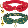 2 Pack Christmas Cat Collar with Bell and Removeable Bunny Bowtie,with Bling Snowflake Charm and Printing Pattern, Safety Breakaway Clasp, Adjustable for Kitten and Cats Green and Red.
