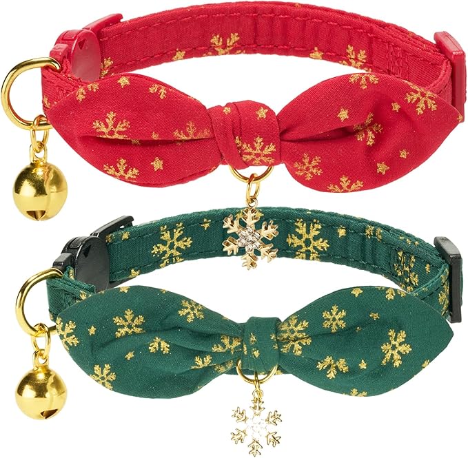 2 Pack Christmas Cat Collar with Bell and Removeable Bunny Bowtie,with Bling Snowflake Charm and Printing Pattern, Safety Breakaway Clasp, Adjustable for Kitten and Cats Green and Red.