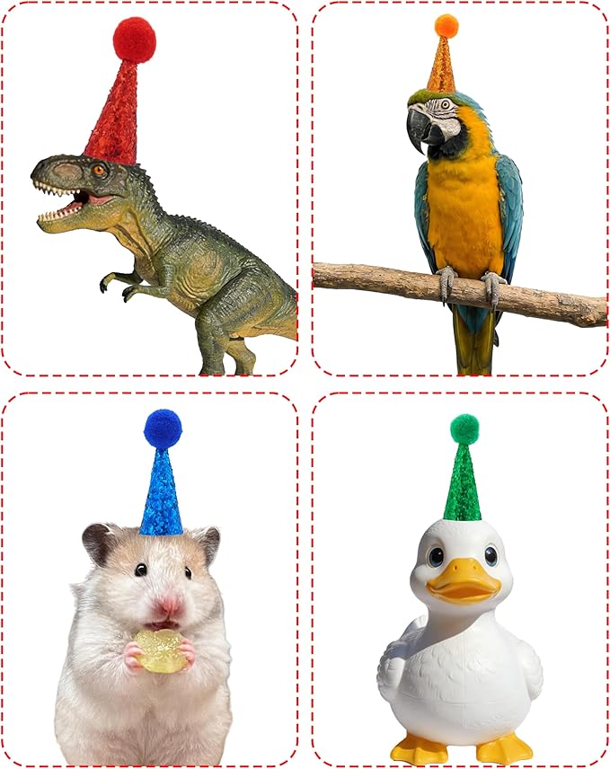 PET SHOW 10 Pack Mini Party Hats for Animal Figures with Plush Pom Adjustable Tiny Hat for Dinosaurs Desk Goose Hamster Hedgehog Guinea Pig Chicken Small Pet Birthday Accessories