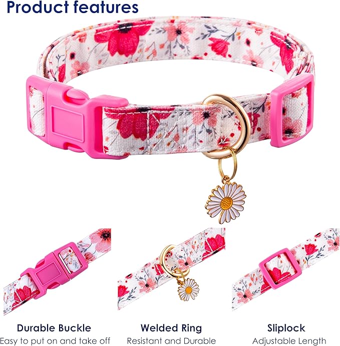 Cotton Dogs Collar Light Pink Flower Patterns for Boys and Girls Cute Dog Collars Summer Fall Gift Adjustable for Medium to X-Large Breed Dogs (L)