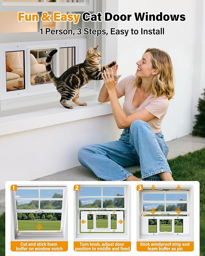 Cat Door for Window Weatherproof: Aluminum Frame Flap Pet Door Fit Window Insert - Easy Adjustable to Quick Fit Windows Width 31"-36" - 4 Secure Lock Modes with Magnetic Closure for Cats Dog