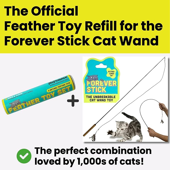 Feather Toys Replacements (3 Pc) - Cat Toys & Kitten Toys for Indoor Kittens, Set of Replacement Feather Attachments Extra Small and Durable, for Cat Wands, Natural and Safe