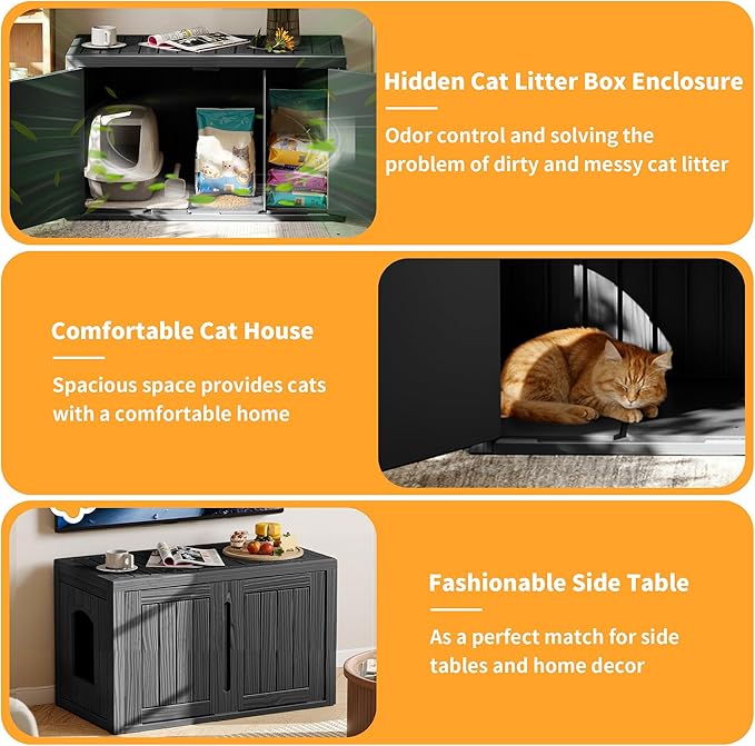 Cat Litter Box Enclosure,Multi-Functional Hidden Litter Box Furniture Cabinet with Adjustable Partition & Side End Table, Indoor Outdoor Cat House with Double Doors,Easy to Clean & Assemble, Black