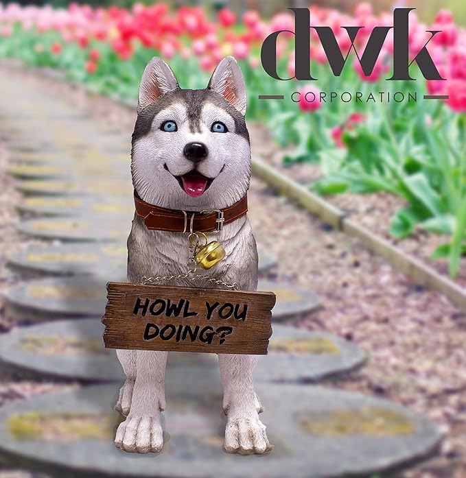DWK Front Porch Dog Outdoor Welcome Sign Decorative Statue | Cute Dog Welcome Sign for Front Porch Standing | Decorative Garden Statues - Husky
