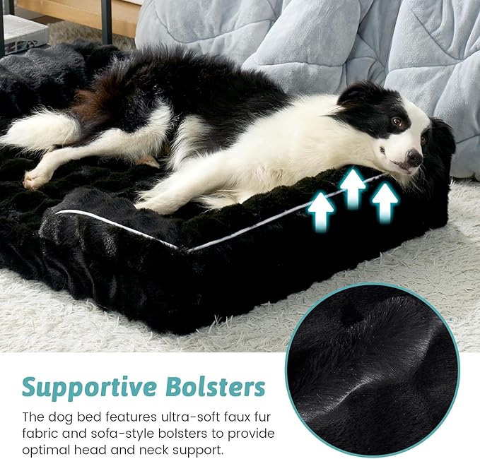 Orthopedic Dog Bed for Extra Large Dog, Soft and Warm Faux Fur Sofa for Giant Pet Up to 150 lbs, Foam Bolster Anti-Slip Couch with Washable Removable Cover, XXL 48x35x8 inch, Black