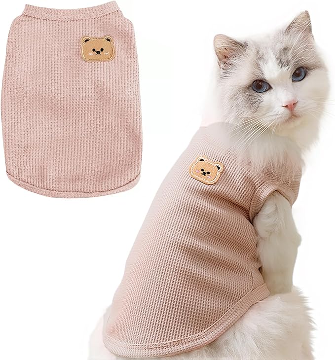 Waffle Knit Cat & Dog T Shirt for Small Dogs, Stretchable Puppy Shirt for Sphynx Cats & Small Breeds, Pet Clothes | Breathable Summer/Winter Apparel for Newborn(Pink Large)