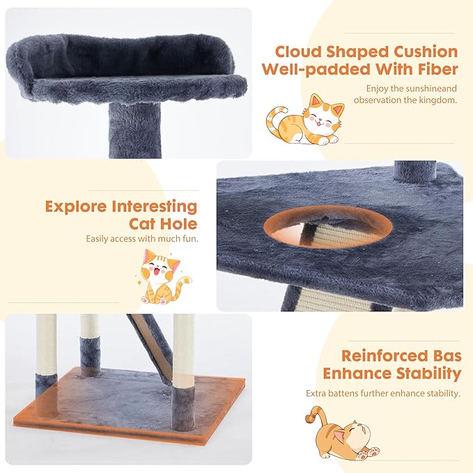 DUMOS Tall 79in Cat Tree Tower, Large Multi Level Cats Climbing Tower with Condo, Natural Sisal Scratching Posts, Extended Platform, Basket, Pet Tree House for Indoor Cats Play, Dark Grey