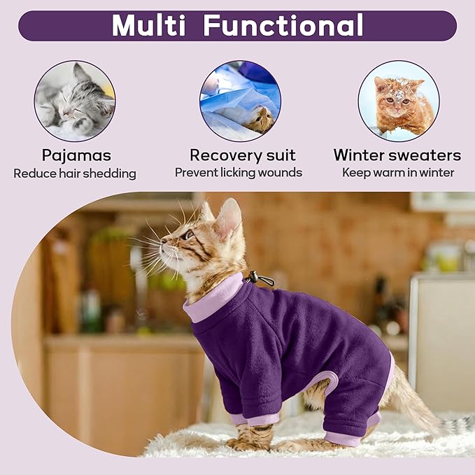 PUMYPOREITY Cat Recovery Suit, Stops Wound Licking After Surgery, Sticky Hair Shirt with Sticky Fabric, Cat Pajamas Prevents Over-Grooming, Purple, S