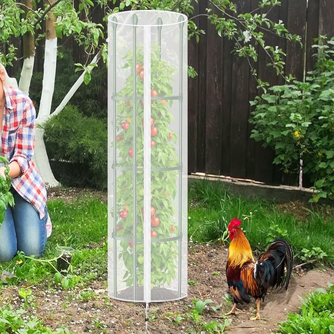 3 Pcs Round Tomato Cage Bird Netting Plant Cover, 59" x 15.7" Insect Bird Barrier Tomato Cage Protection Cover with Zipper & Drawstring for Protecting Tomatoes, Fruit, Trellis Plants