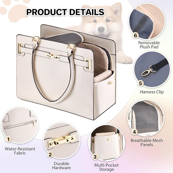 Dog Purse Carrier for Small Dogs, Stylish Foldable Pet Carrier Purse Tote Bag with Washable Cushion & Safety Leash, Airline Approved Puppy Travel Bag with Pockets (White)