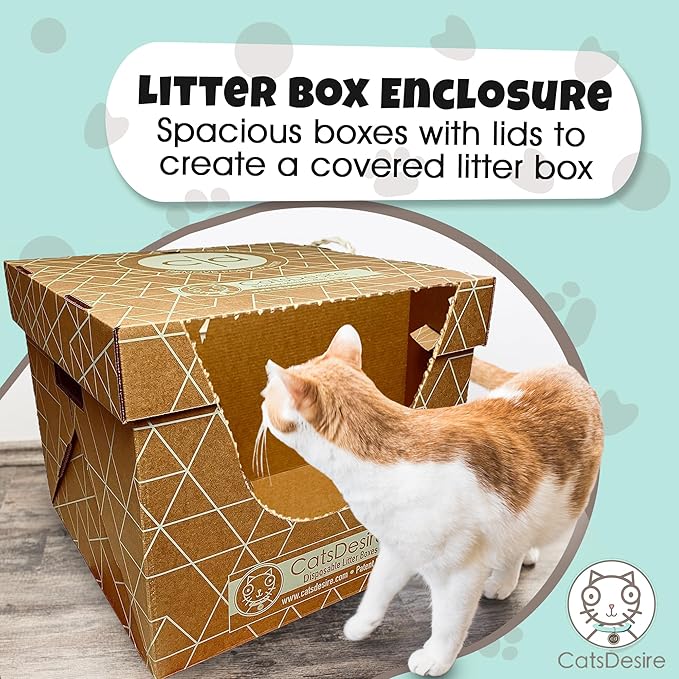 Cats Desire Litter Box - Disposable Litter Boxes for Cats (3 pcs) - Top/Low Entry & Enclosed Box - Teal on Natural Brown, Partially Recycled Cardboard, 17" L x 17" W x 15.25" H