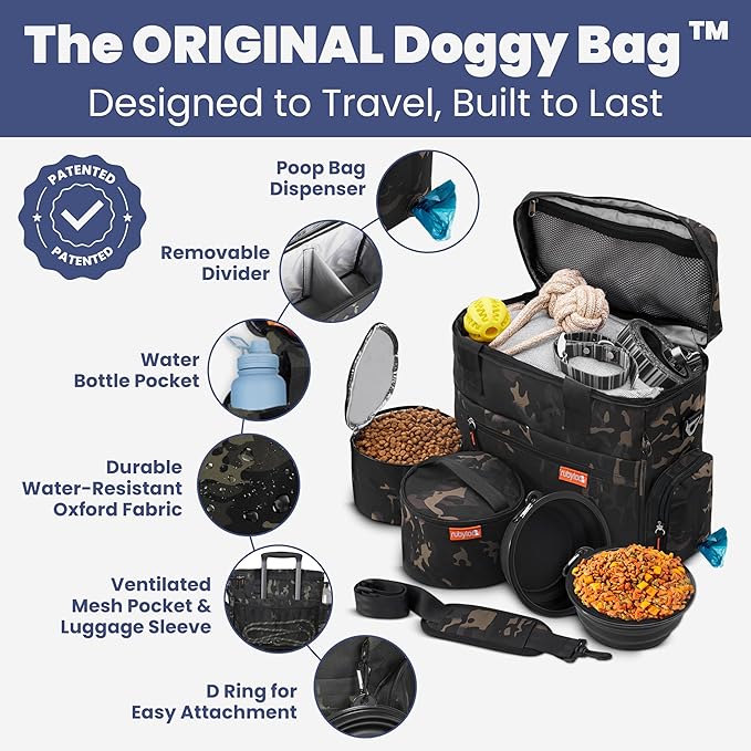 The Original Doggy Bag™ - Complete Dog Travel Bag for Supplies with 2 BPA-Free Travel Dog Bowls & 2 Pet Food Containers - Traveling Kit for Road Trips, Camping, Weekend Away or Doggy Gift: Camo