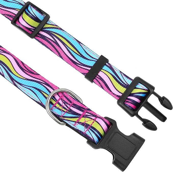 Reflective Dog Collar, Adjustable Soft Neoprene Padded Nylon Pet Collars with Buckle for Puppy and Small Dogs, Cats, Colorful Wave Pattern,XL