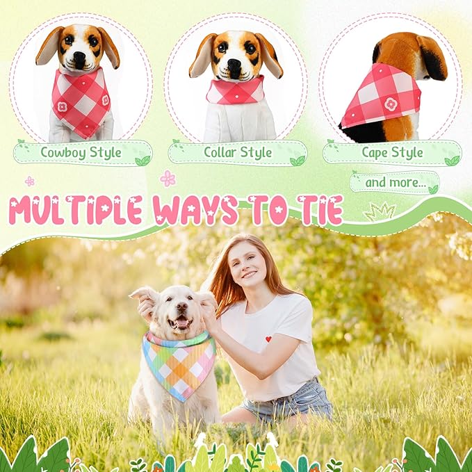 Sweetude 60 Pcs Spring Plaid Dog Bandanas Bulk Spring Pet Scarf Bibs Adjustable Washable Kerchief Seasonal Pet Costume Accessories Grooming Supplies for Small to Large Cats Dogs