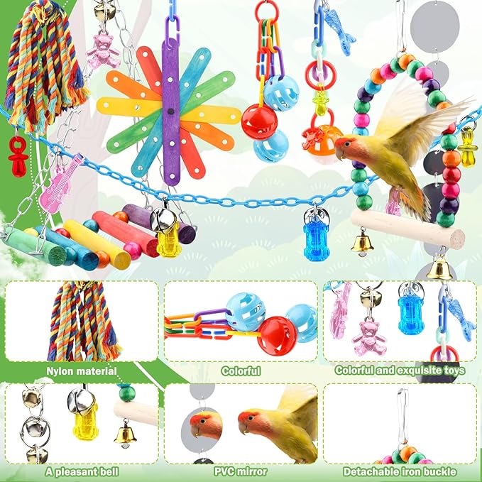 9 Pcs Parakeet Cockatiel Bird Toys, Parrots Cage Accessories Swing Rope Hanging Wooden Perch Chewing Toy for Budgerigar, Parrot, Cockatiel
