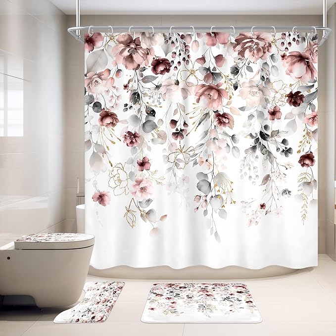 4 PCS Pink Floral Flower Shower Curtain Set 72Wx72H Inch Watercolor Pastel Plant Complete Bathroom Set Non-Slip Bath Rug Toilet Lid Cover and U Shape Mat Accessories 12 Hooks Bathoom Decor