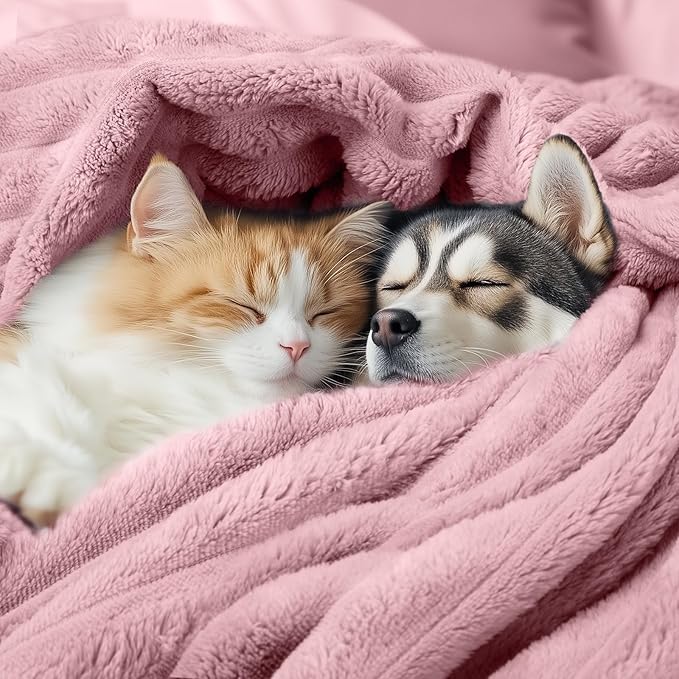 LINENLUX 1 Pack 3 Soft Dog Blanket Washable Warm Fleece Cat Blankets for Pet Puppy Fluffy Calming Flannel Pink Large