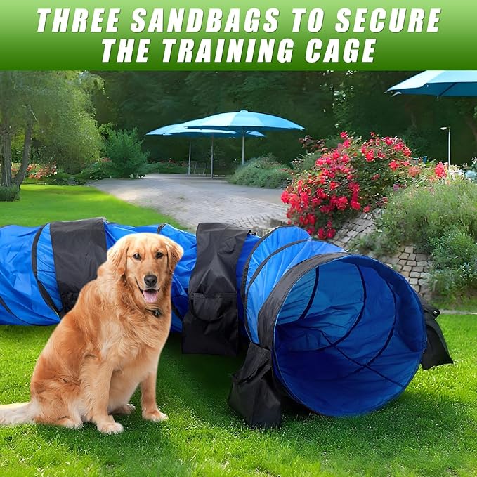 28 in 18 Foot Blue Extra Large Dog Agility Tunnel with Sandbags Dogs Agility Training Equipment Tunnel with 4 Pack Sandbags Carry Bag and 4 Ground Spikes for All Medium and Large Dogs