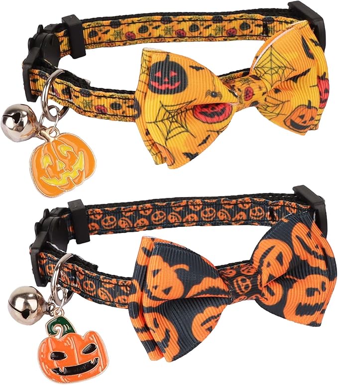 ADOGGYGO Halloween Cat Collars with Bow Bell, Black Orange Pumpkin Bowtie, Breakaway Halloween Collars for Cats Kittens