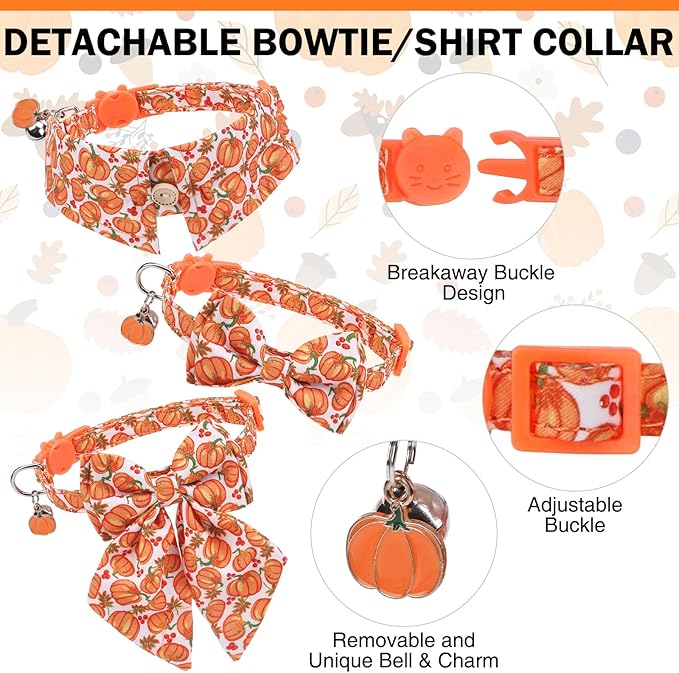 Thanksgiving Cat Collar Breakaway, Halloween Kitten Collar with Bells for Boy Girl Cat, 2 Pack Adjustable Cute Cat Collar with Bow & Pumpkin for Male Female Cat, Orange Bowtie Shirt Collar
