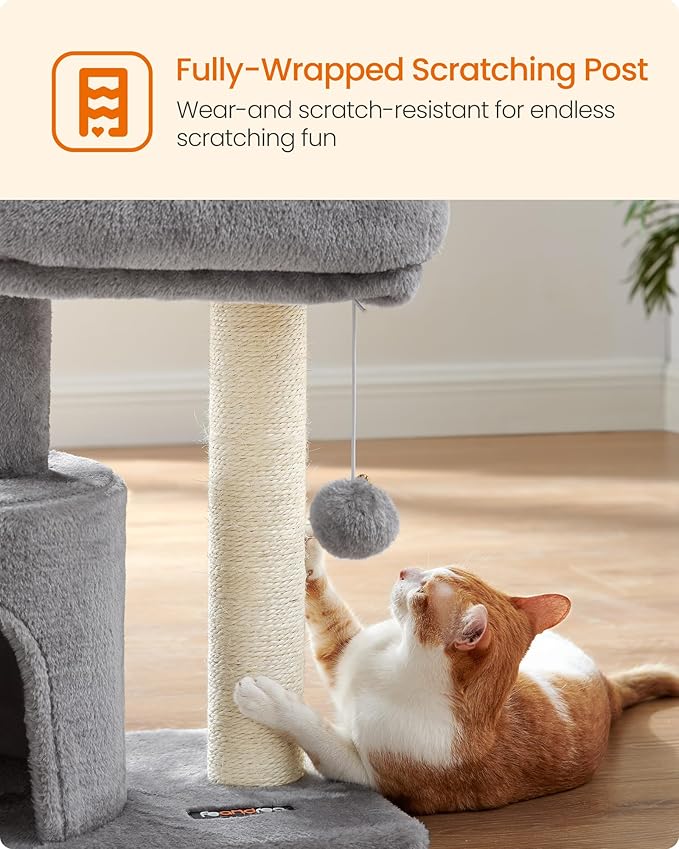Feandrea Cat Tree, Small Cat Tower with Sisal Scratching Post, Plush Condo with Padded Perch, for Small Spaces, Kittens, Light Gray UPCT50W