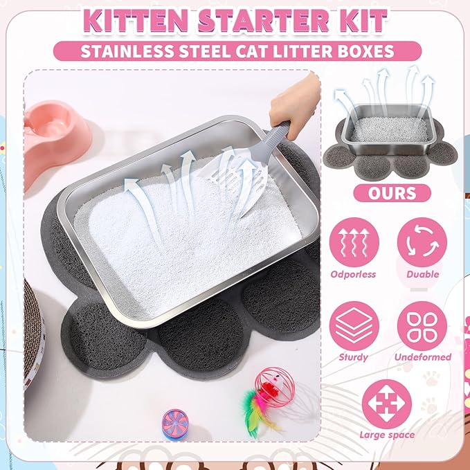 31 Pcs Kitten Supplies Starter Kit Kitten Essentials Starter Kit Include Stainless Steel Cats Litter Box Backpack Cat Scratcher Kitten Toys Accessories for Kitten Welcome Gift Supplies