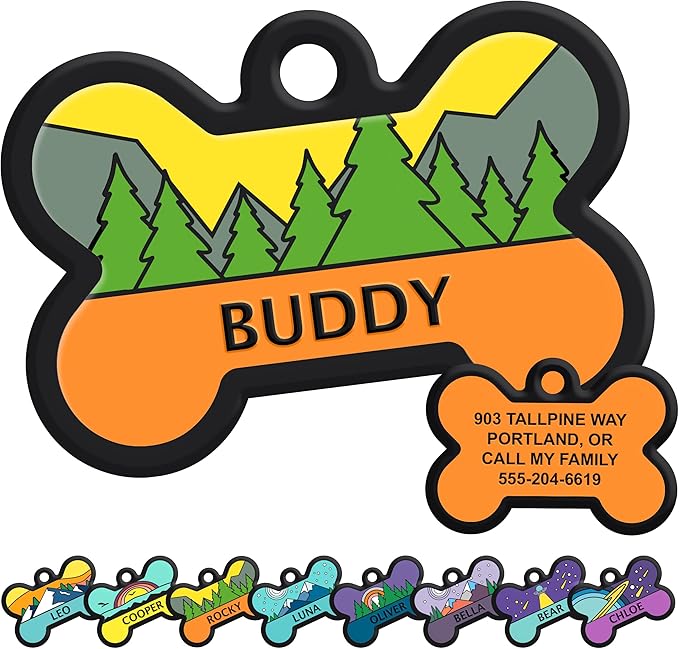 GoTags Silent Dog Tag, Personalized Engraved Bone Silicone Dog and Cat Name Pet ID Tags, Soundless No More Jingling Dog Tags (Forest Gold)
