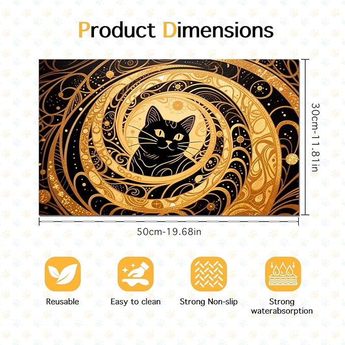 Cat Feedings Mats 20x12 inch Golden Cat Print Pet Bowl Placemat Non Slip Mat for Cats Food and Water Indoor Kitty Feeding Station Elegant Cats Meal Mat for Small Pets Kitchen Floor Use