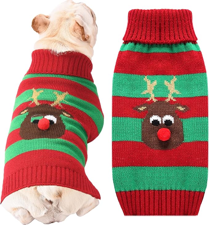 Dog Cat Christmas Sweater Boy Girl Ugly Reindeer Xmas Pet Clothes Holiday Puppy Costume New Year Gifts for Small Medium Large Dogs Outfits (M, Red Green Stripe Reindeer)