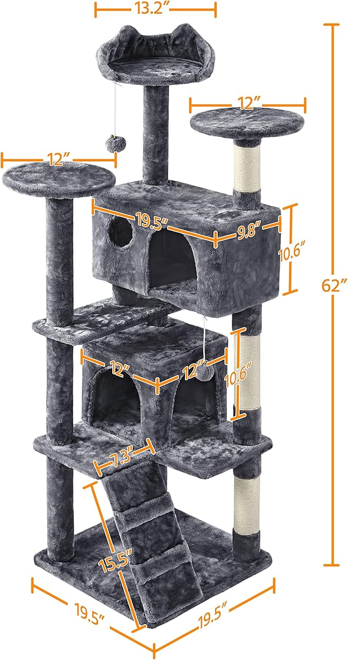 Yaheetech 62in Cat Tree Cat Tower for Indoor Kitty, Pet Furniture w/Double Condo, Scratching Posts, Multiple Platforms and Balls for Kittens, Dark Gray