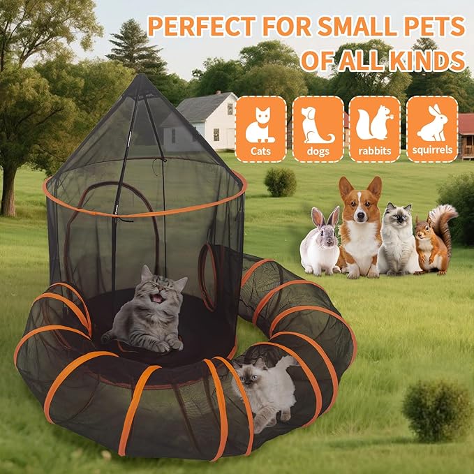 Outdoor Cat Enclosure with Tunnel - Large Portable Pet Playpen Tent for Indoor/Outdoor, Catio Playhouse for Cats, Kittens, Rabbits & Small Animals
