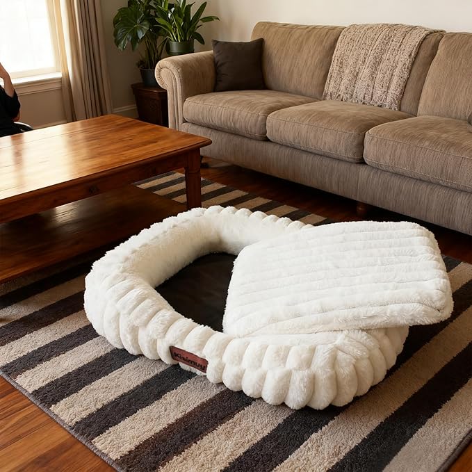 Orthopedic Dog Bed for Small Medium Dogs & Cats - Soft Furry Puppy Bed with Removable Washable Cover & Anti-Slip Bottom, Calming Rectangle Cat & Puppy Bed for Indoor Pets, 25x21x4inches, Cream