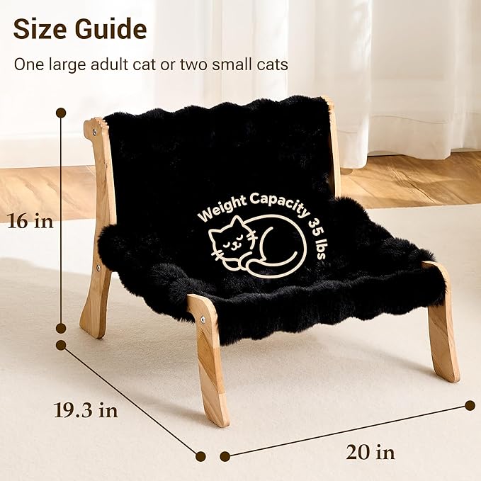 Solid Wood Cat Couch Bed for Indoor Cats, Modern Cat Sofa with Ultra-Soft Plush Surface Washable, Reclined Backrest, Elevated Elevated Cat Lounge Furniture for Small to Adult Pets, Sheen Black