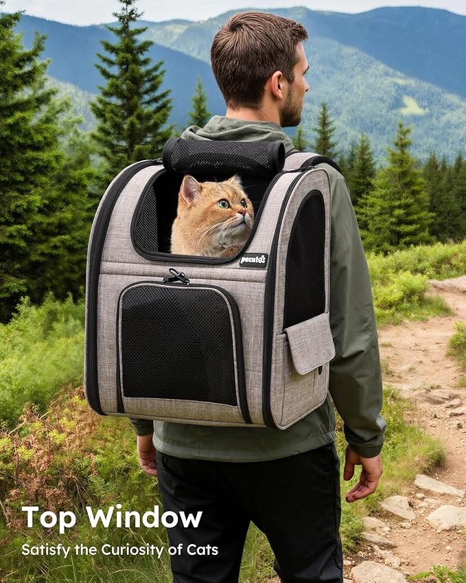 Pecute Cat Backpack Carrier Expandable, Pet Backpack for Cats & Small Dogs Up to 11lbs, with 4-Side Breathable Mesh, Multi-Entry & Lockable Zippers for Travel, Hiking, Camping - Hands Free, Khaki