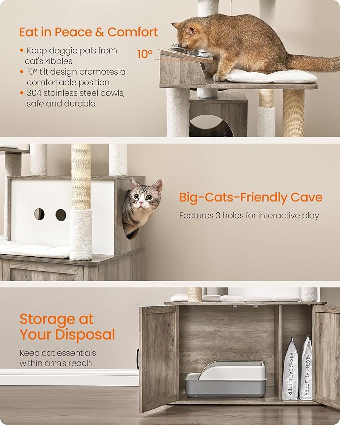 Feandrea Cat Tree, 66.9-Inch Cat Tower with Litter Box Enclosure, Large Condo with Food Station, Storage, Scratching Posts, Cave, Hammock, Washable Cushions, Heather Greige UPCT169K02