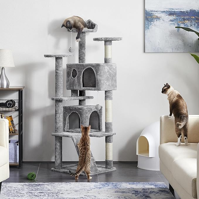 Yaheetech 62in Cat Tree Cat Tower for Indoor Kitty, Pet Furniture w/Double Condo, Scratching Posts, Multiple Platforms and Balls for Kittens, Light Gray