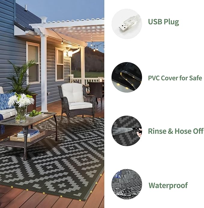GENIMO Outdoor Rug with LED Strip Lights, 6'x9' Waterproof Camping Mat, Reversible Plastic Straw Rugs for Patio, RV, Camper, Balcony, Backyard, Picnic, Deck, Black & Gray