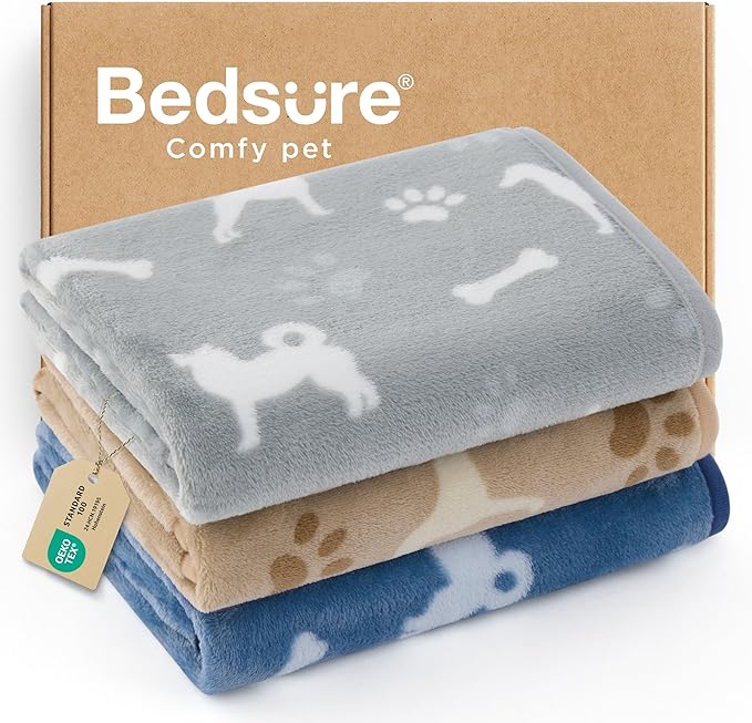Bedsure 1 Pack 3 Pet Blankets, Super Soft Fluffy Premium Fleece Flannel Portable Throw Dog Blankets for Small Dogs, Printed Cat Puppy Blanket Grey/Brown/Blue Small(20x30 inch)