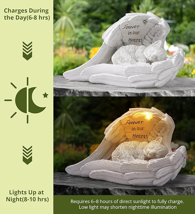 Pet Cat Solar Garden Memorial Statue – Outdoor Resin Angel Kitty with Solar Light, Guardian Angel Kitten Memorial Gift for Patio, Lawn, Yard, or Garden Christmas Decor