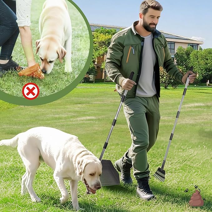 T2Y Pooper Scooper, 48'' Long Handle Dog Pooper Scooper, Adjustable Stainless Steel Rake & Spade & Extra Large Tray, Durable Poop Scoopers for Yard, Lawn, Snowfield, Suitable for Multi-Dog Family