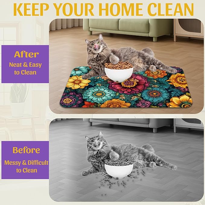Vintage Floral Pet Feeding Mat, Fast-Dry Absorbent Dog and Cat Bowl Mat, Waterproof Rubber Base – 12x20 Inch