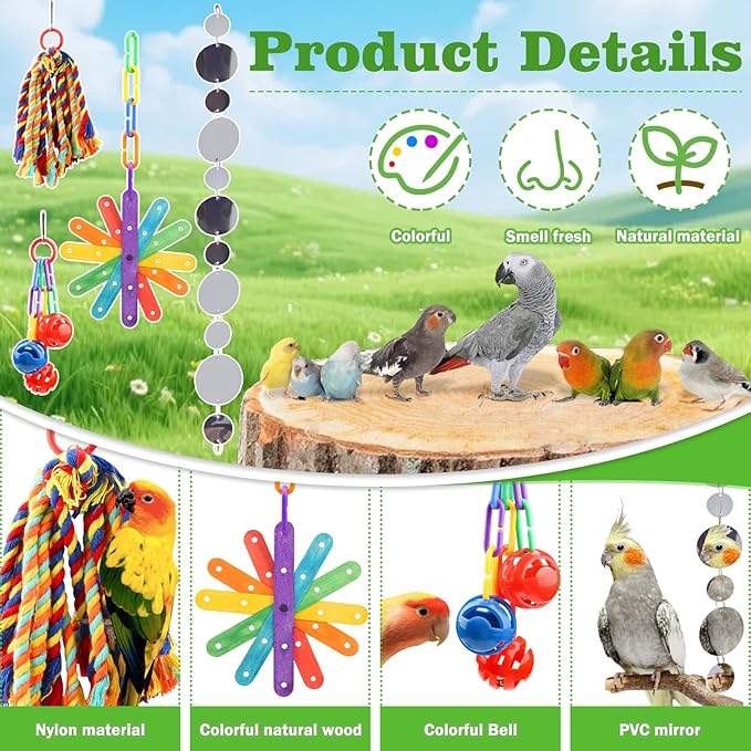Small Bird Toys Parakeet Cage Accessories, Parakeet Toys, Swing Hanging Standing Chewing Toy, Bird Toys for Parakeets, Cockatiel, Parrot, 4pcs