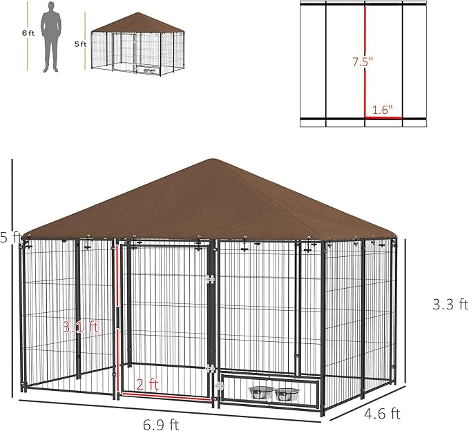 PawHut Outside Dog Kennel, 6.9' x 4.6' x 5' Puppy Play Pen with Canopy, Garden Playpen Fence Crate Enclosure Cage Rotating Bowl, for Dogs, Chickens, Ducks, Black