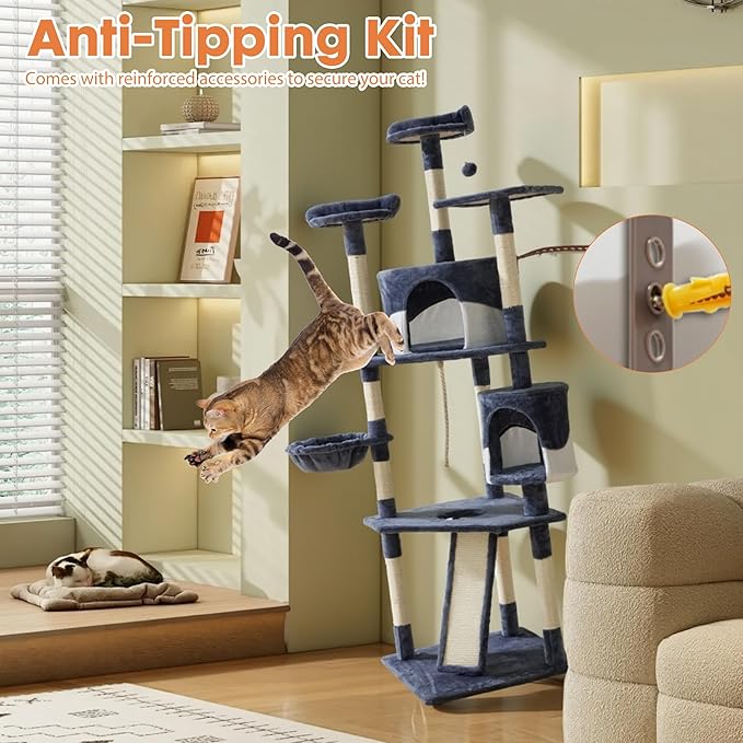 DUMOS Tall 79in Cat Tree Tower, Large Multi Level Cats Climbing Tower with Condo, Natural Sisal Scratching Posts, Extended Platform, Basket, Pet Tree House for Indoor Cats Play, Dark Grey