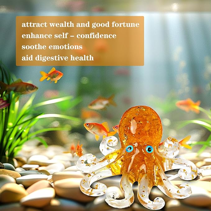 Natural Crystal Gravel Octopus Resin Marine Animals Fish Tank Decorative Ornaments Octopus Statue Healing Crystal Home Decor Ladies Gift 3.93" (Yellow, 3.93")