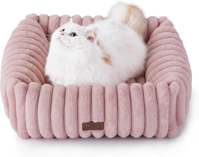 Bedsure ComfyFleece™ Cute Dog Bed for Small Dogs & Cats - Washable Furry Puppy Beds, Rectangle Orthopedic Corduroy Fleece Pet Beds with Removable Zipper Cover, 20x19x6inches, Blush Pink