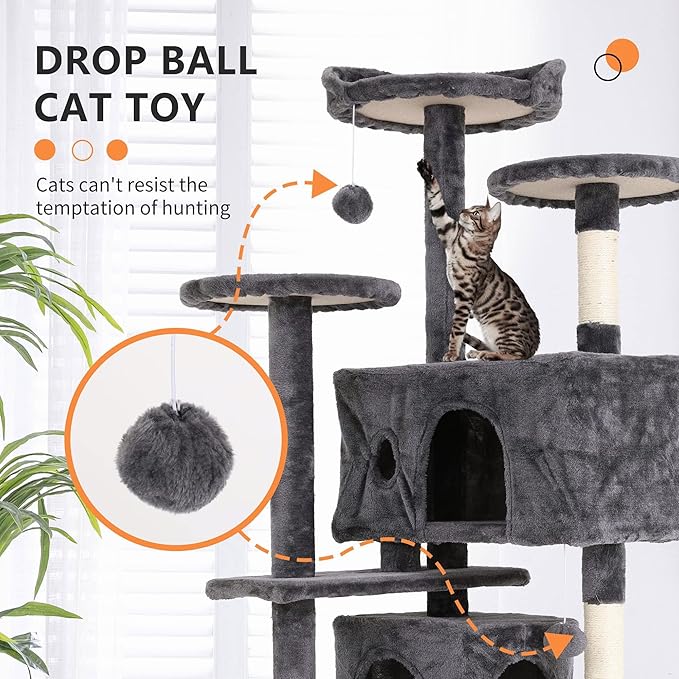 Cat Tree for Indoor Cats, Multi-Level Cat Tower with Scratching Posts & Cozy Condo, Space Saving Cat Activity Center, Durable Pet Play House (54in,Light Gray)