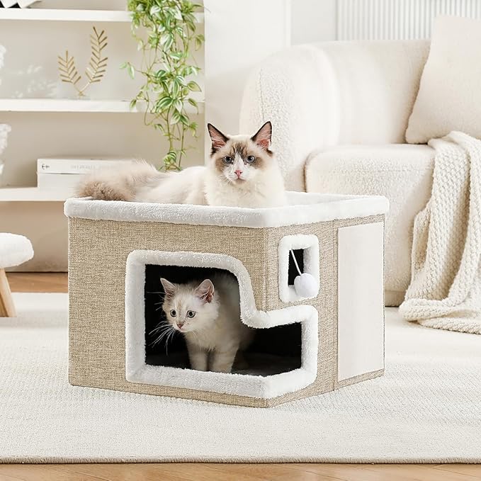 Cat Houses for Indoor Cats, Covered Cat Cave Bed with Scratch Pad and Fluffy Ball, Foldable Cat Hideaway Condo for Large Cats, Modern Kitten Bed,16.5x16.5x13 inches (Khaki‌, L)