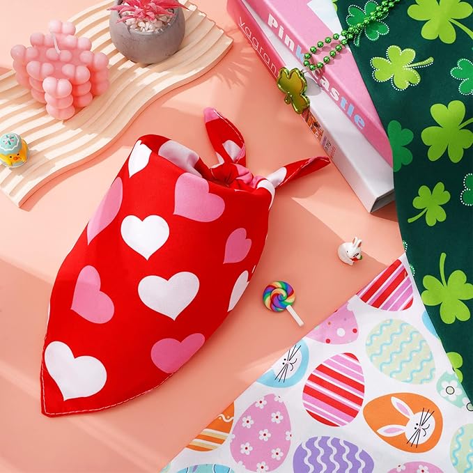 Whaline 6 Pack Valentine's Day Pet Bandanas Heart Pet Neckerchief Shamrock Clover Triangle Dog Bibs Easter Spring Bunny Dog Collar Scarf St. Patrick's Day for Pet Costume Accessories